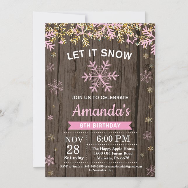 Invitación Cumpleaños de niña rústico invierno copo de nieve  (Anverso)