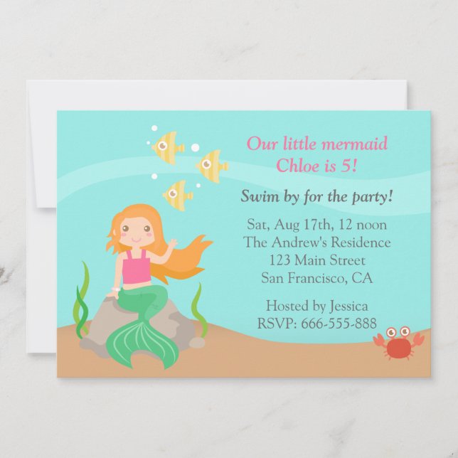 Invitación Cumpleaños de niña sirena bajo el mar (Anverso)