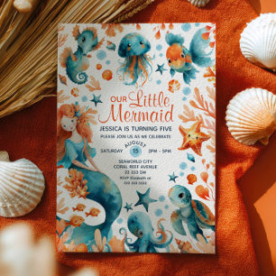 Invitación Cumpleaños de Niña Sirena Bajo El Mar Acuarela