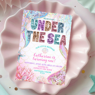 Invitación cumpleaños de niña sirena bajo el mar con lentejue