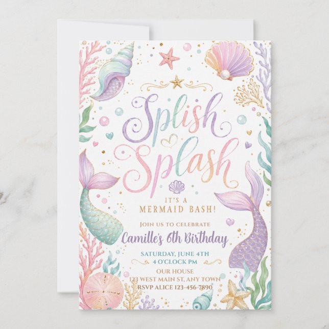 Invitación Cumpleaños de niña sirena de pastel (Anverso)