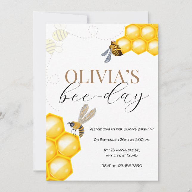 Invitación Cumpleaños de niña tema abeja cualquier edad (Anverso)