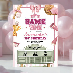 Invitación Cumpleaños de niña tema béisbol rosa púrpura