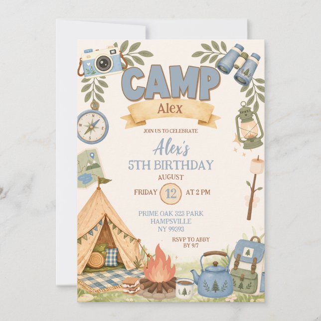 Invitación Cumpleaños de niña tema camping azul (Anverso)
