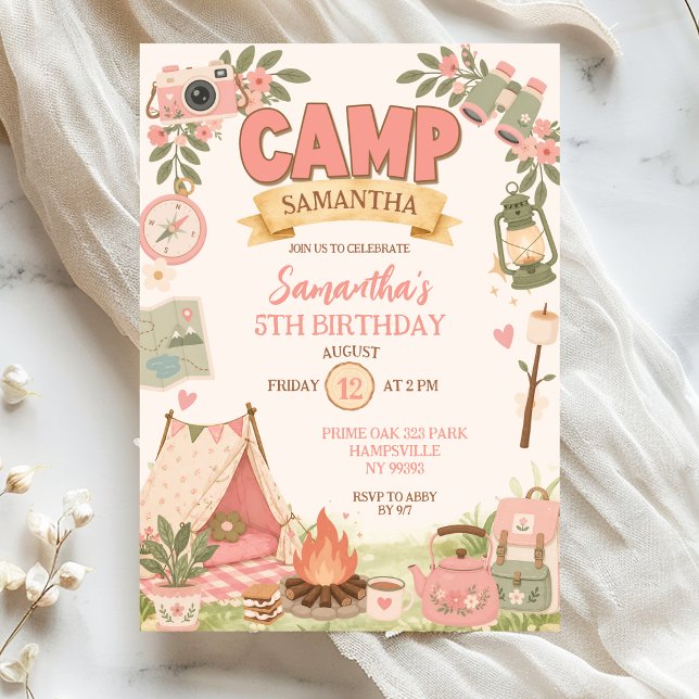 Invitación Cumpleaños de niña tema camping boho rosa (Subido por el creador)