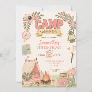 Invitación Cumpleaños de niña tema camping boho rosa