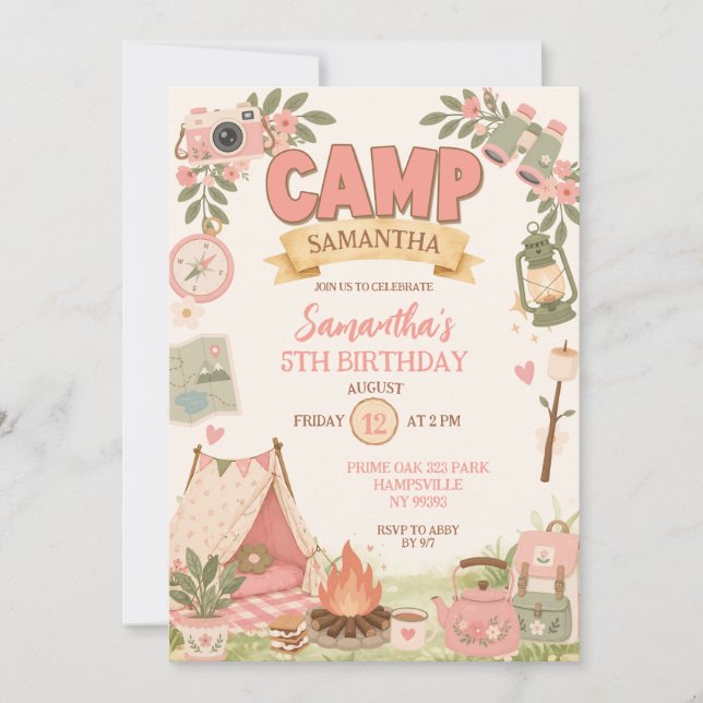 Invitación Cumpleaños de niña tema camping boho rosa (Anverso)