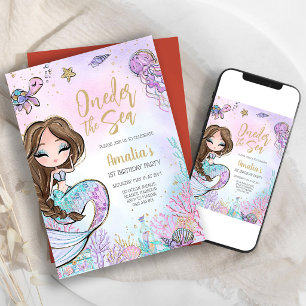 Invitación Cumpleaños de niña tema de sirena bajo el mar océa
