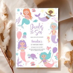 Invitación Cumpleaños de niña tema de sirena bajo el mar océa