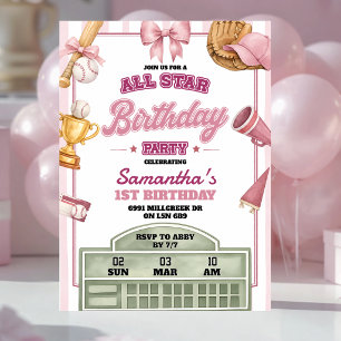 Invitación Cumpleaños de niña temática béisbol rosa púrpura A