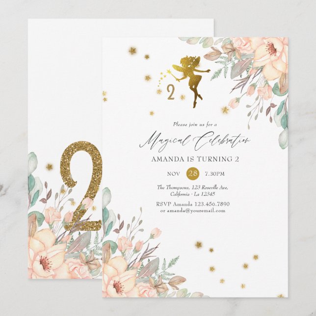 Invitación Cumpleaños de niña temática de hada rosa y dorada  (Anverso / Reverso)
