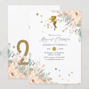 Invitación Cumpleaños de niña temática de hada rosa y dorada