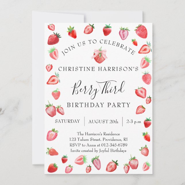 Invitación Cumpleaños de niña tercera fresa (Anverso)
