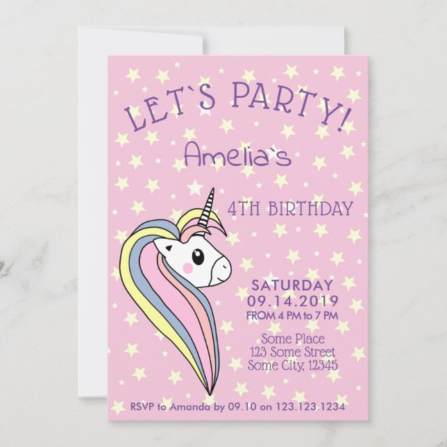 Invitación Cumpleaños de niña unicornio rosa lindo (Anverso)