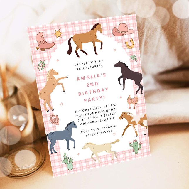 Invitación Cumpleaños de niña vaquera con caballo pony ensill (Subido por el creador)