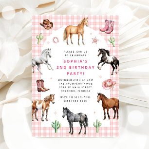 Invitación Cumpleaños de niña vaquera con caballo pony ensill