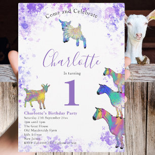 Invitación Cumpleaños de Niñas 1er A acuarela Cabras Morado