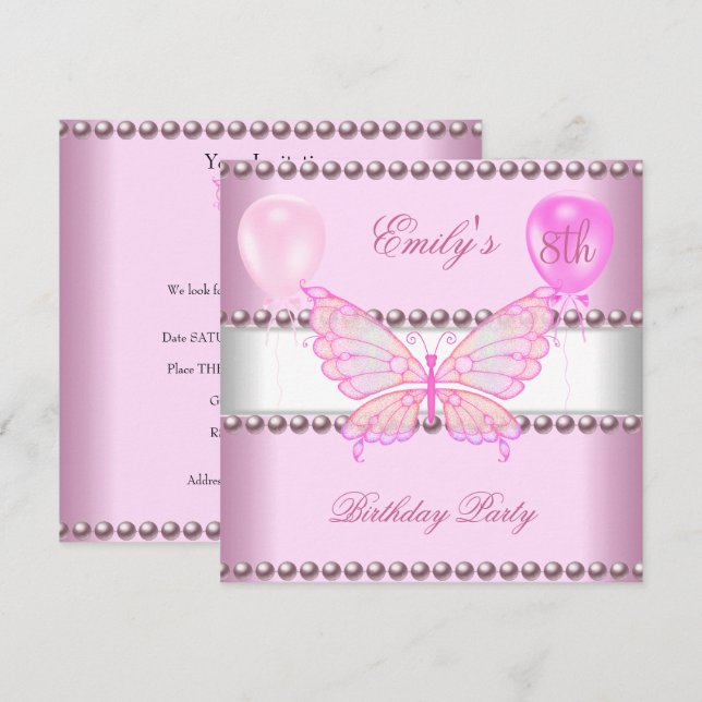 Invitación Cumpleaños de niñas 8 mariposa rosa perlas globos (Anverso / Reverso)