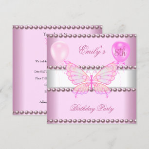 Invitación Cumpleaños de niñas 8 mariposa rosa perlas globos
