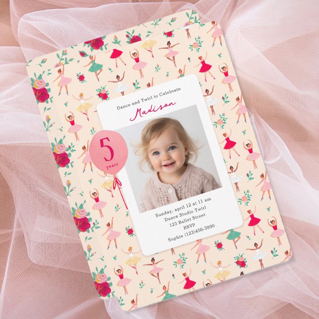 Invitación Cumpleaños de niñas bailarinas Foto floral fiesta  (Cute Ballerina Girl Birthday Party Photo Invitation)