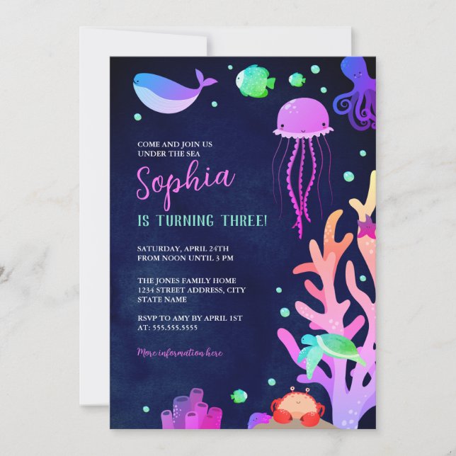 Invitación Cumpleaños de niñas bajo el mar  (Anverso)