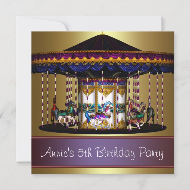 Invitación Cumpleaños de niñas con caballos de carrusel 5 (Anverso)
