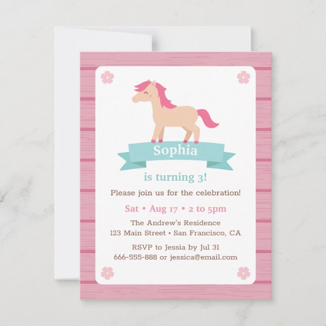 Invitación Cumpleaños de niñas con caballos lindos y rosa (Anverso)
