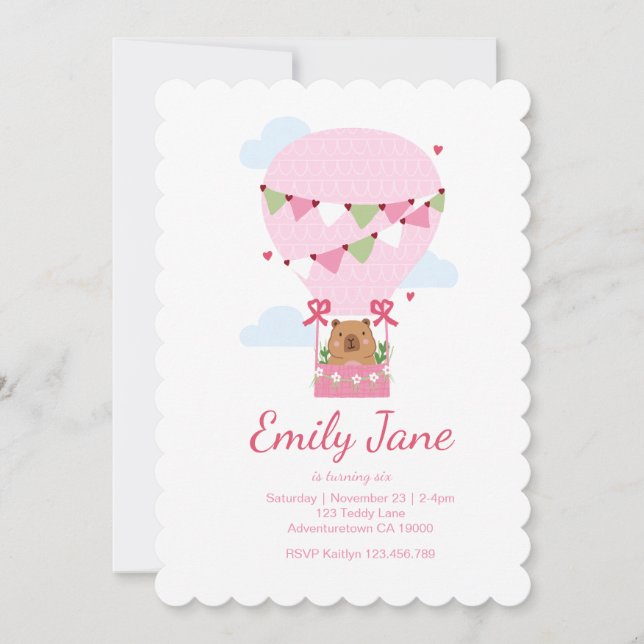 Invitación Cumpleaños de niñas con capibara rosa y osito de p (Anverso)