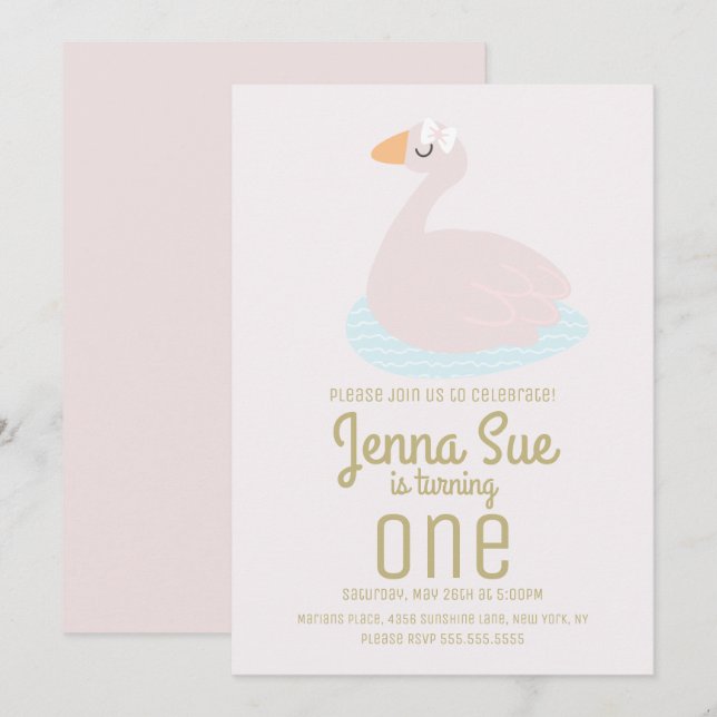Invitación Cumpleaños de niñas con cisne lindo lazo rosa (Anverso / Reverso)
