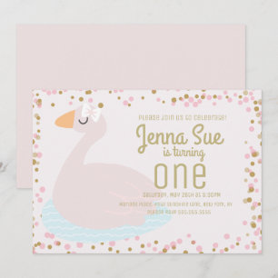 Invitación Cumpleaños de niñas con cisne lindo lazo rosa conf