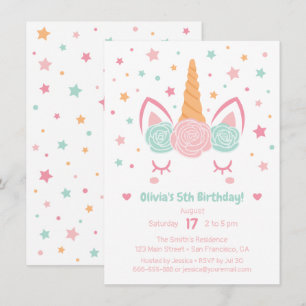 Invitación Cumpleaños de niñas con Cuerno de Unicornio Rosa y