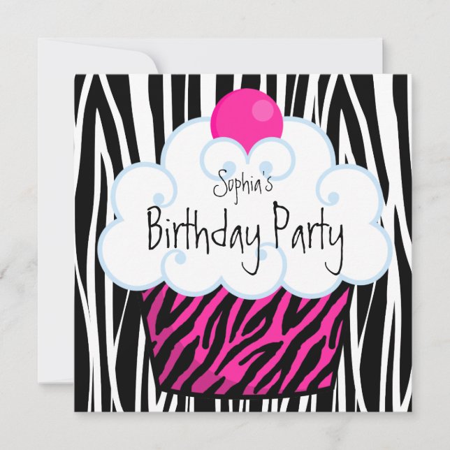 Invitación Cumpleaños de Niñas con Cupcakes de Cebra Rosa Bri (Anverso)