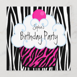 Invitación Cumpleaños de Niñas con Cupcakes de Cebra Rosa Bri
