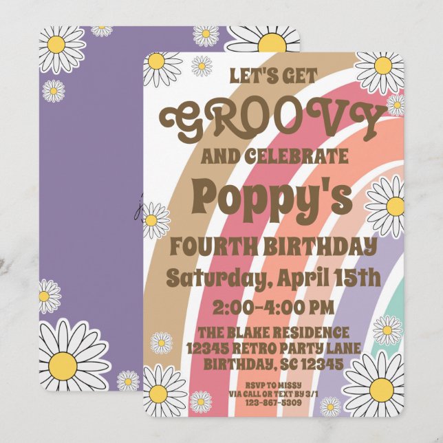 Invitación Cumpleaños de niñas con estilo Groovy Hippy Boho A (Anverso / Reverso)