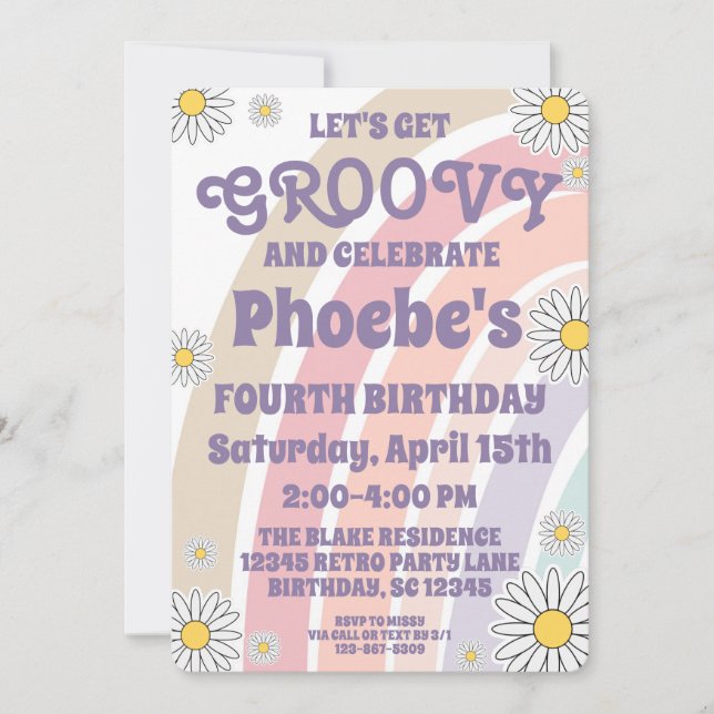 Invitación Cumpleaños de niñas con estilo Groovy Hippy Boho A (Anverso)