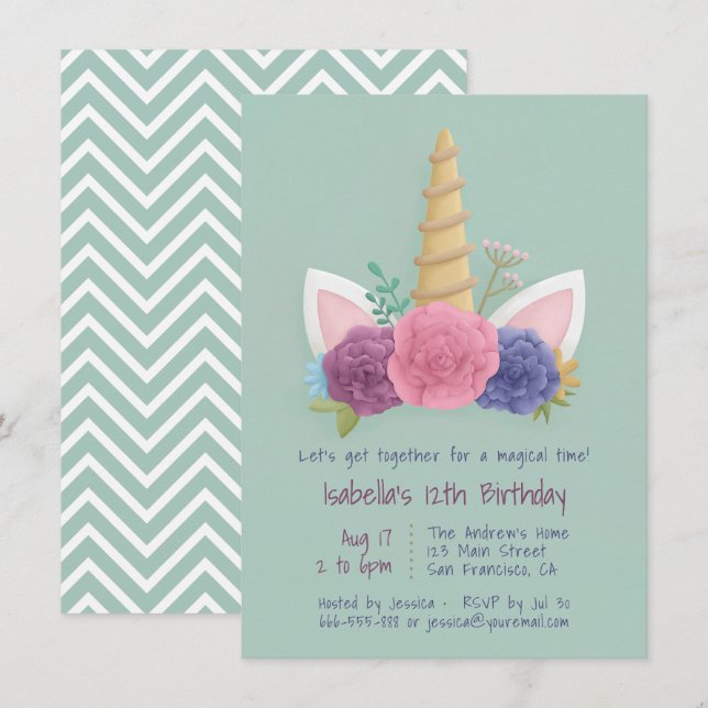 Invitación Cumpleaños de niñas con flores de primavera y cuer (Anverso / Reverso)