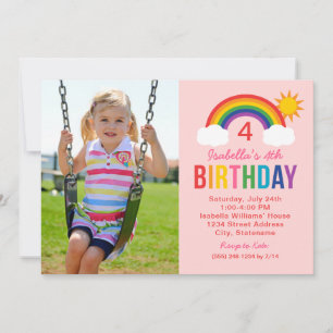 Invitación Cumpleaños de niñas con foto arcoíris rosa en el c