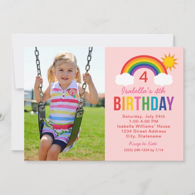 Invitación Cumpleaños de niñas con foto arcoíris rosa en el c (Anverso)