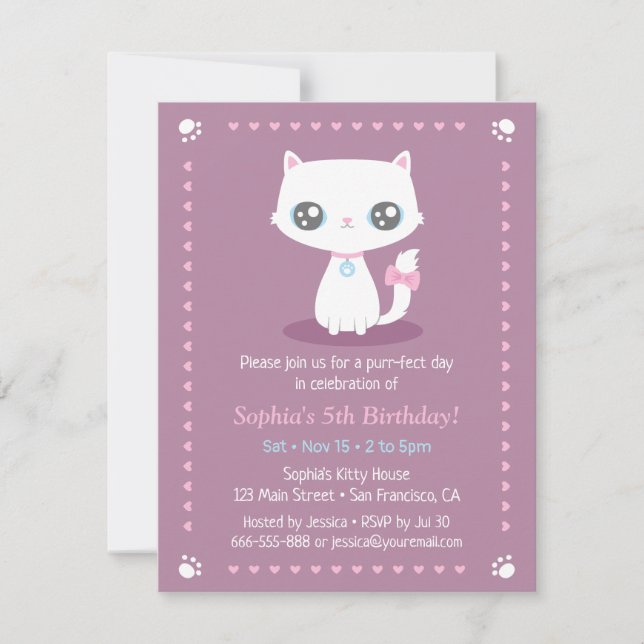 Invitación Cumpleaños de niñas con gatito blanco lindo con la (Anverso)