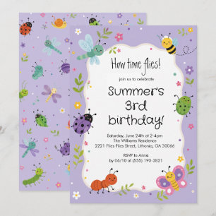 Invitación Cumpleaños de niñas con insectos lindos púrpura