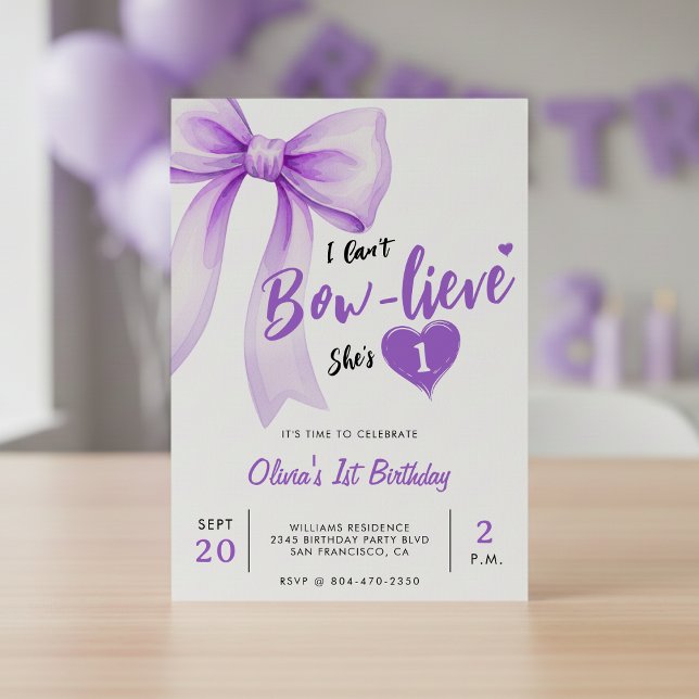 Invitación Cumpleaños de niñas con lazo morado (Purple Bow Cute Girls Birthday Party Invitation
)