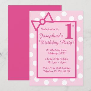 Invitación Cumpleaños de niñas con lazo rosa y manchas illusi