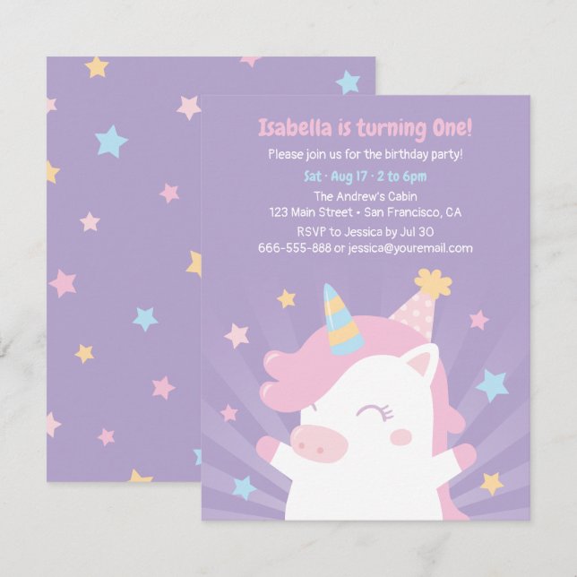 Invitación Cumpleaños de niñas con lindo unicornio blanco y e (Anverso / Reverso)