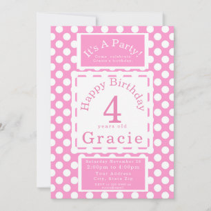 Invitación Cumpleaños de niñas con lunares rosados personaliz