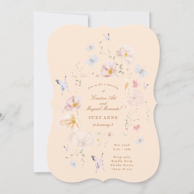 Invitación Cumpleaños de niñas con mariposas y flores suaves  (Anverso)