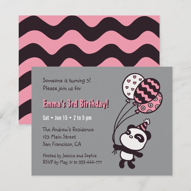 Invitación Cumpleaños de niñas con panda lindo y globos (Anverso / Reverso)