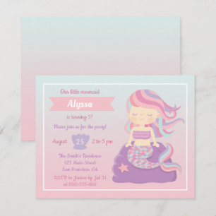 Invitación Cumpleaños de niñas con sirena adorable rosa azul 