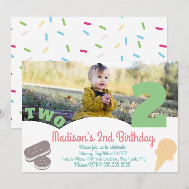Invitación Cumpleaños de niñas con sprinkles de helado pastel (Anverso / Reverso)