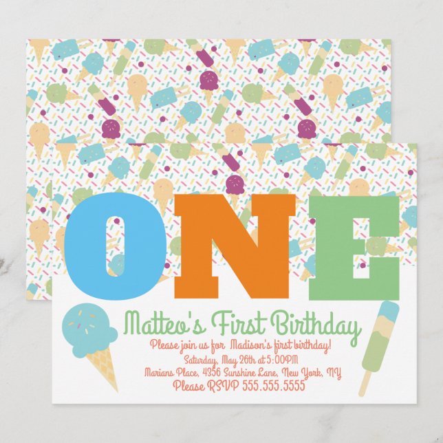 Invitación Cumpleaños de niñas con sprinkles de helado pastel (Anverso / Reverso)