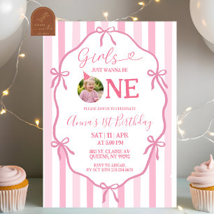 Invitación Cumpleaños de niñas Coquette con lazo rosa Solo qu